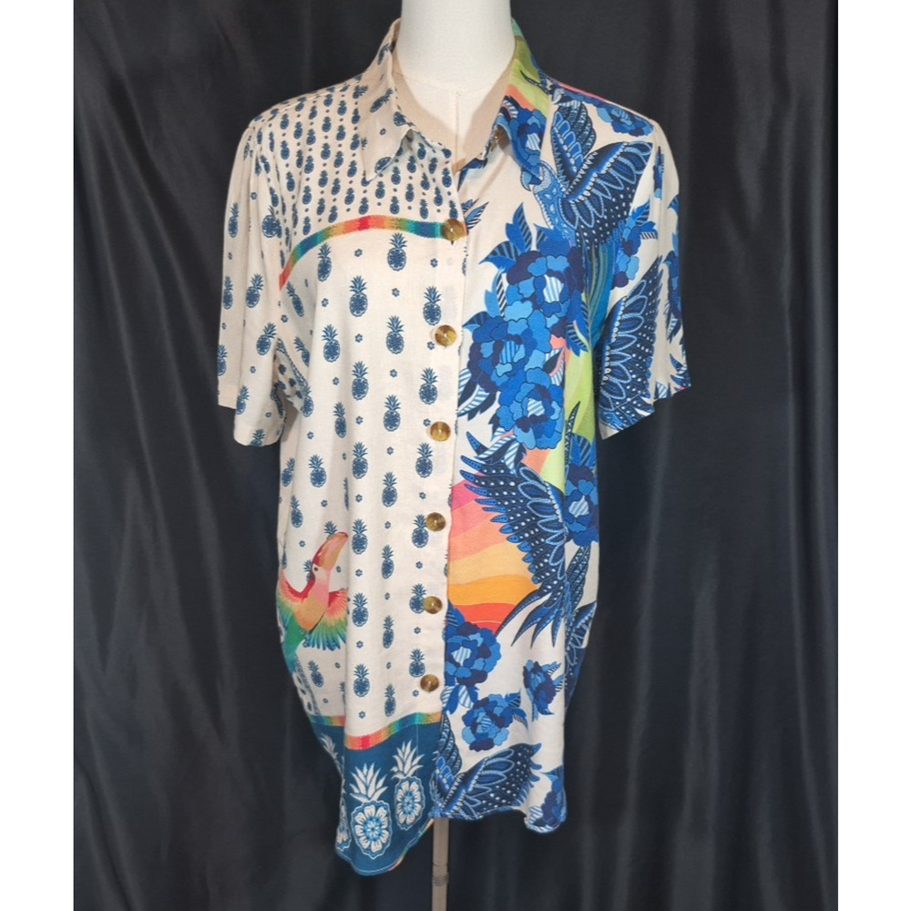 Sold! Farm Rio For Anthropologie Surf Button Down Shirt White Multicol Small New - Picture 4 of 11